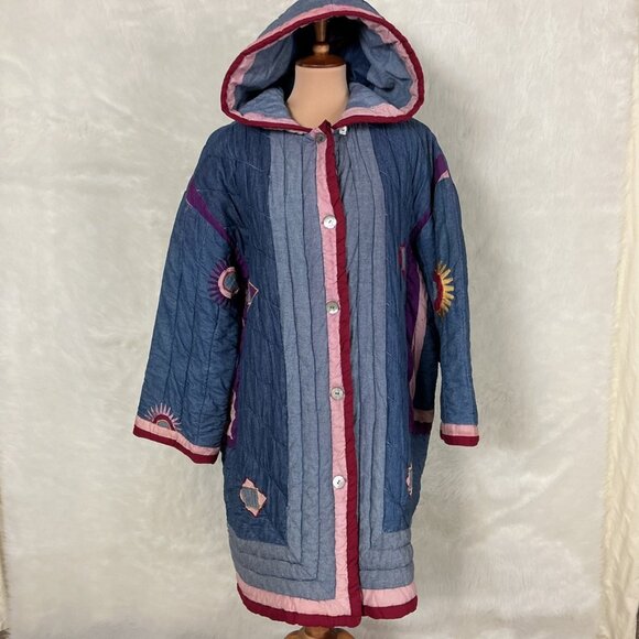 Vintage 80s 90s Denim Hooded Sun Embroidered Patchwork Denim Quilted Jacket L - Picture 1 of 12